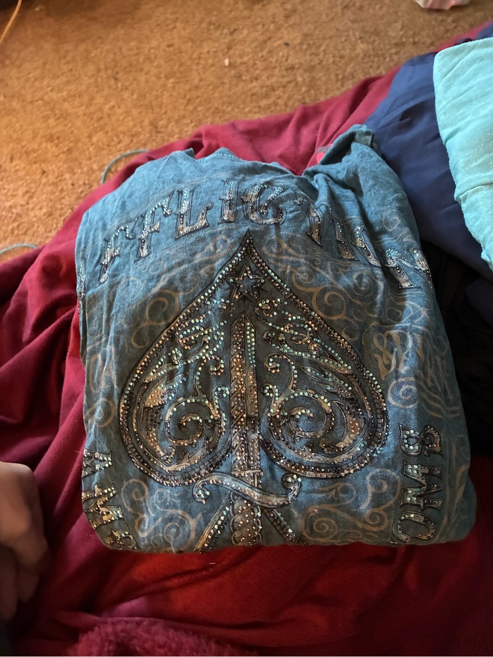 Affliction Women's Short Sleeve Tee in Teal with Silver Stud Accents
